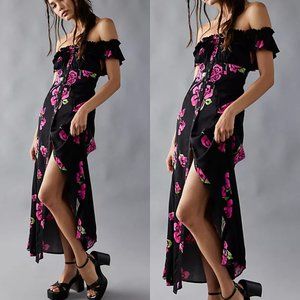 NWT Free People She's A Dream Off-shoulder Midi Dress Sz S Black Floral Ruffled